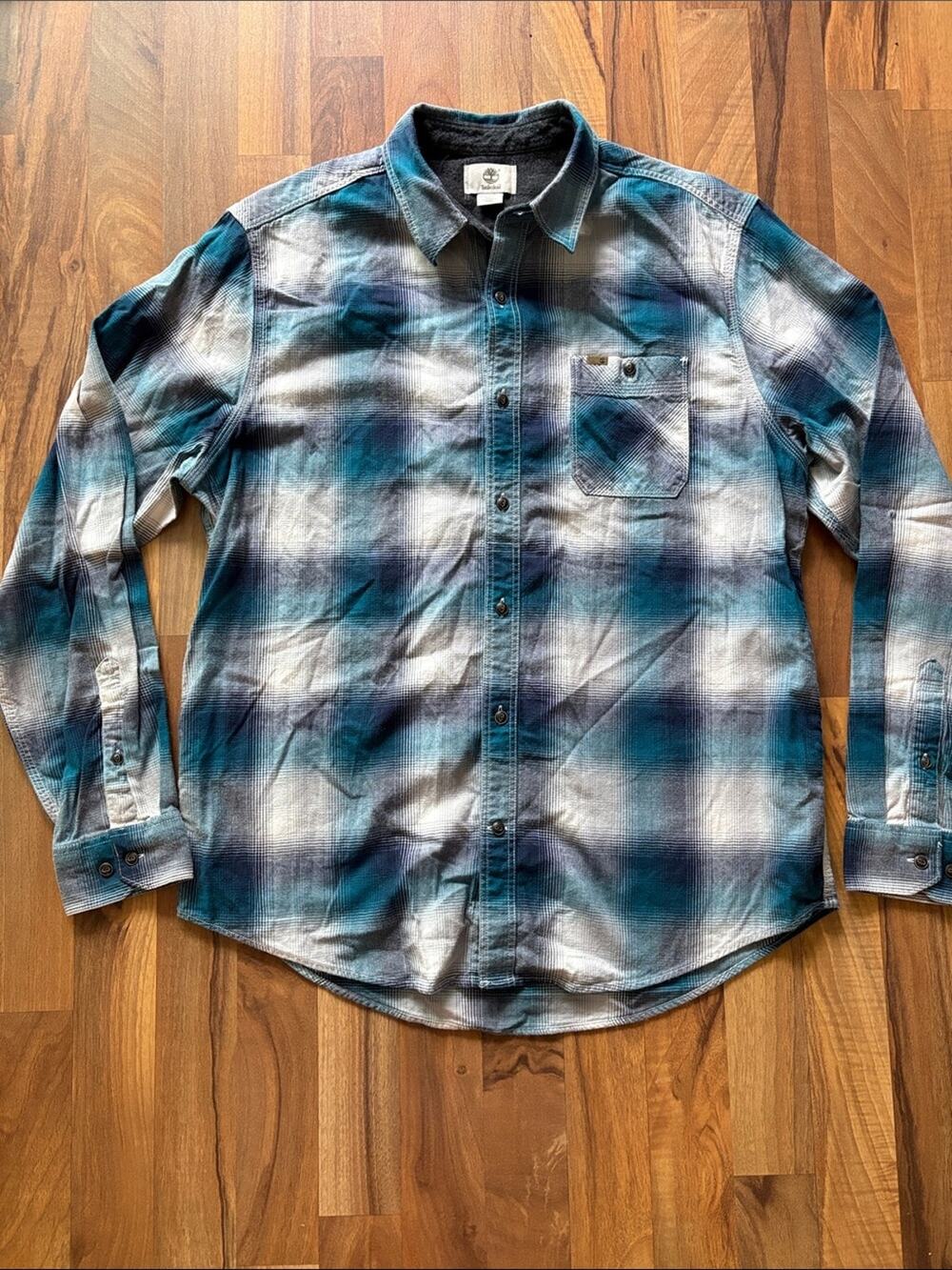 Timberland Men’s Teal and White Plaid Long-Sleeve Button-Down Shirt Size L